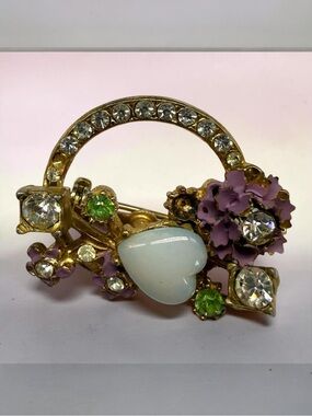 Circle Wreath Enamel Flower Opalescent Heart Rhinestone Pin Brooch As Is 1960s